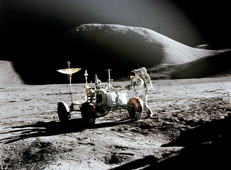 The Lunar Rover of Apollo 15 on the surface at Hadley delta, being unloaded by James Irwin, with David Scott acting as photographer, NASA photograph (science.nasa.gov)