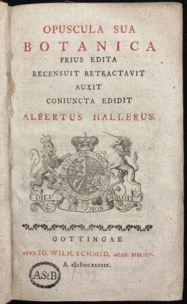 Title page, Opuscula sua botanica, by Albrecht Von Haller, 1749 (The Linda Hall)