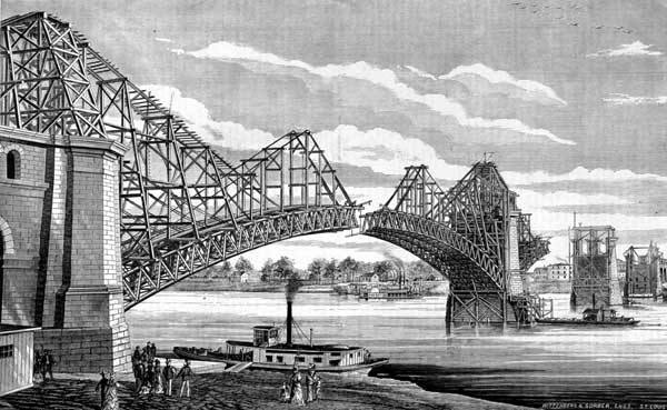 Closing the east arch of the St. Louis Bridge. Image source: "The Great Bridge at St. Louis: Erection of the Superstructure." Scientific American, Nov. 15, 1873, p. 311.