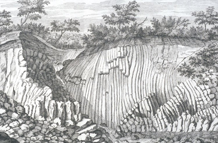 Columnar basalt at Valle del Gavinello. Image source: Fortis, Alberto. Della valle vulcanico-marina di Ronca nel territorio veronese memoria orittografica. Venice: Nella Stamperia di Carlo Palese, 1778, pl. 3.