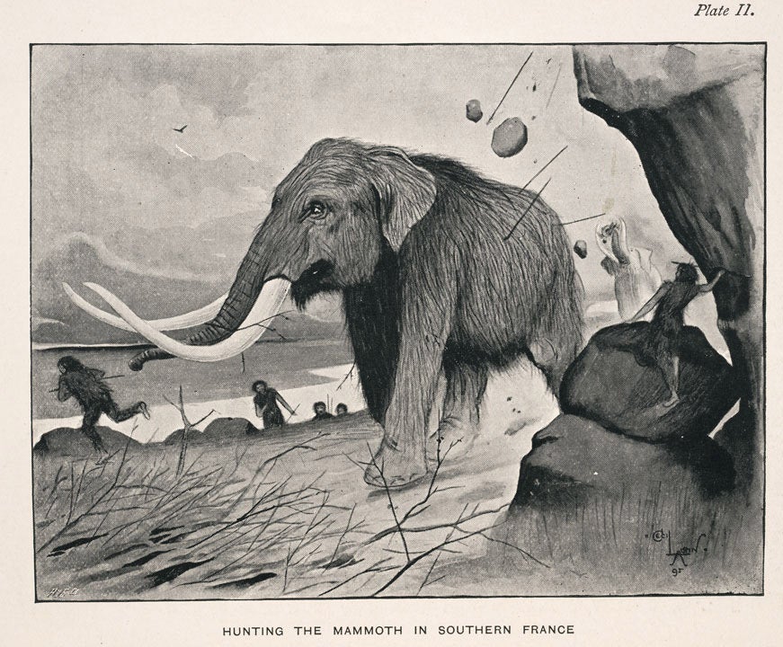 Mammoth hunt. Image source: Hutchinson, Henry Neville. Prehistoric Man and Beast. London: Smith, Elder, 1896, pl. 2.