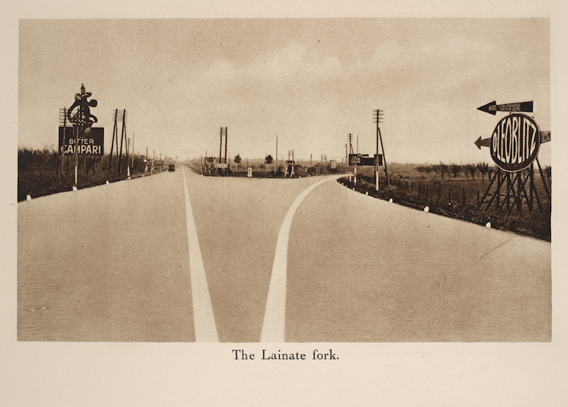 Under dictator Benito Mussolini, an 84-mile stretch of Italy’s autostrada, a controlled-access toll road designed by civil engineer Piero Puricelli, opened in 1924 between Milan and Lake Como. The roadway catered exclusively to automobiles and the tourist industry and served as a model for Germany’s autobahn. Piero Puricelli. Autostrada. Bestetti & Tumminelli, 1925.

