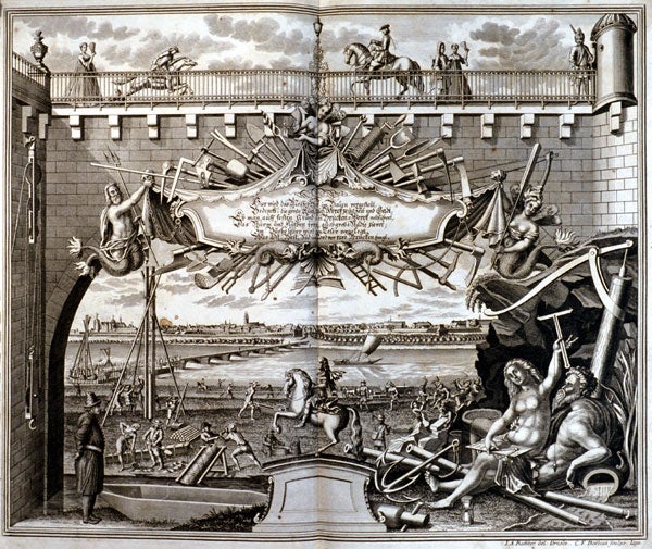 Allegorical title page on bridge building. Image source: Schramm, Carl Christian. Historischer Schauplatz, in welchem die merkwürdigsten Brücken aus allen vier Theilen der Welt, insonderheit aber die in den vollkommensten Stand versetzte Dressdner Elb-brücke,... vorgestellet und beschrieben werden. Leipzig: B.C. Breitkopf, 1735, frontispiece.