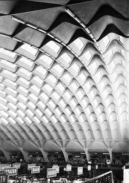 Historic image of occupied Palazzo delle Esposizioni (Exhibition Hall B), Turin, Italy, designed by Pier Luigi Nervi (and built by his construction firm Nervi &amp; Bertoli), Arkkitehti-lehti (Architect magazine of Finland) (betoni.com)