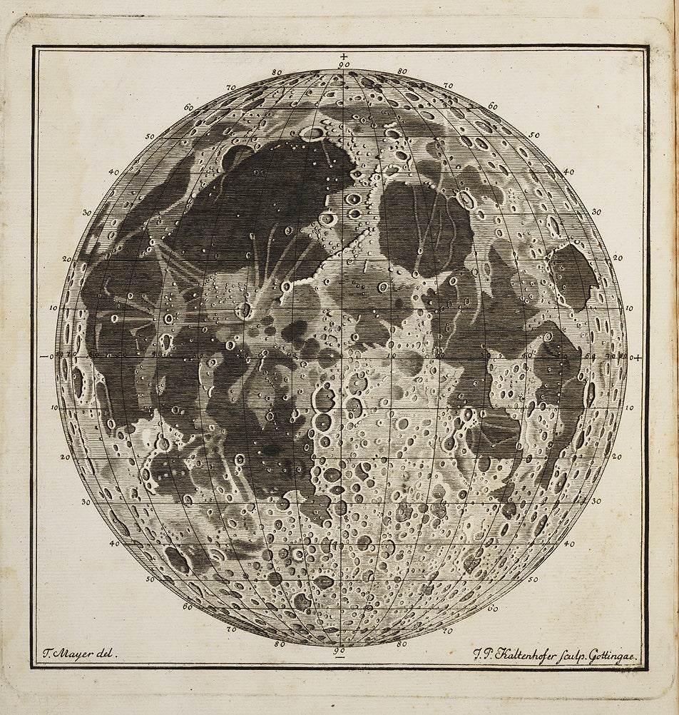 The Mayer map was the first to be based on micrometric measurements. However, the printed coordinate system, the first on a lunar map, did not appear on Mayer’s original map– it was added by Kaltenhofer, at the editor’s request. The detail of the lunar highlands shows Mare Nubium (Sea of Clouds) at the left, the craters Ptolemy and Alphonsus just above center, and Hipparchus and Albategnius parallel to them at right.