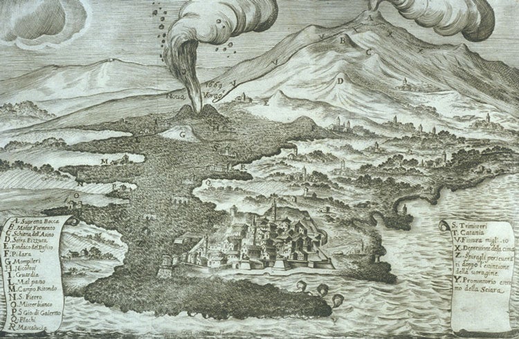 Mount Etna and the city of Catania. Image source: Borelli, Giovani Alfonso. Historia, et meteorologia incendii Aetnaei anni 1669. Reggio di Calabria: Domenico Ferro, 1670, pl. 1.