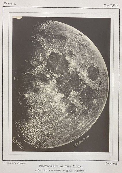 The Moon, Mar. 6, 1865, reduced copy of original print by Lewis M. Rutherfurd, Woodburytype frontispiece, The Chemistry of Light and Photography, by Hermann Wilhelm Vogel 1875 (Linda Hall Library)
