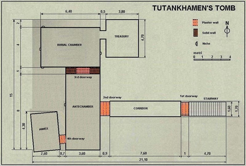 A plan of the tomb of Tutankhamun, with entrance at right, burial chamber at top, and the three sealed doorways in between (Wikimedia commons)
