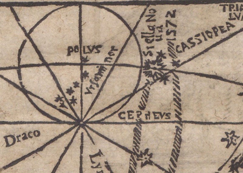 “Stella nova 1572 Cassiopea,” new star of 1572 in Cassiopeia, detail of woodcut comet map, title page, Consideratio & obseruatio cometae aetherei astronomica, qvui anno M D LXXX … in alto Aethere apparuit, by Michael Maestlin, 1581 (The Linda Hall)
