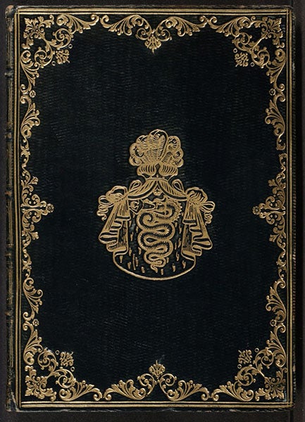 Binding, Discorso delle comete, by Mario Guiducci (i.e., Galileo Galilei), 1619, with armorial device of a later owne, Uberto Visconti di Modrone (Linda Hall Library)