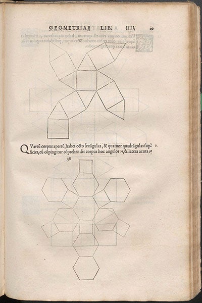 Nets for cuboctahedron (top) and truncated octahedron (bottom), two Archimedean solids, Quatuor his suaru[m] Institutionum geometricarum libris (Four Books on Measurement), by Albrecht Dürer, p. 153, 1534 (Linda Hall Library)