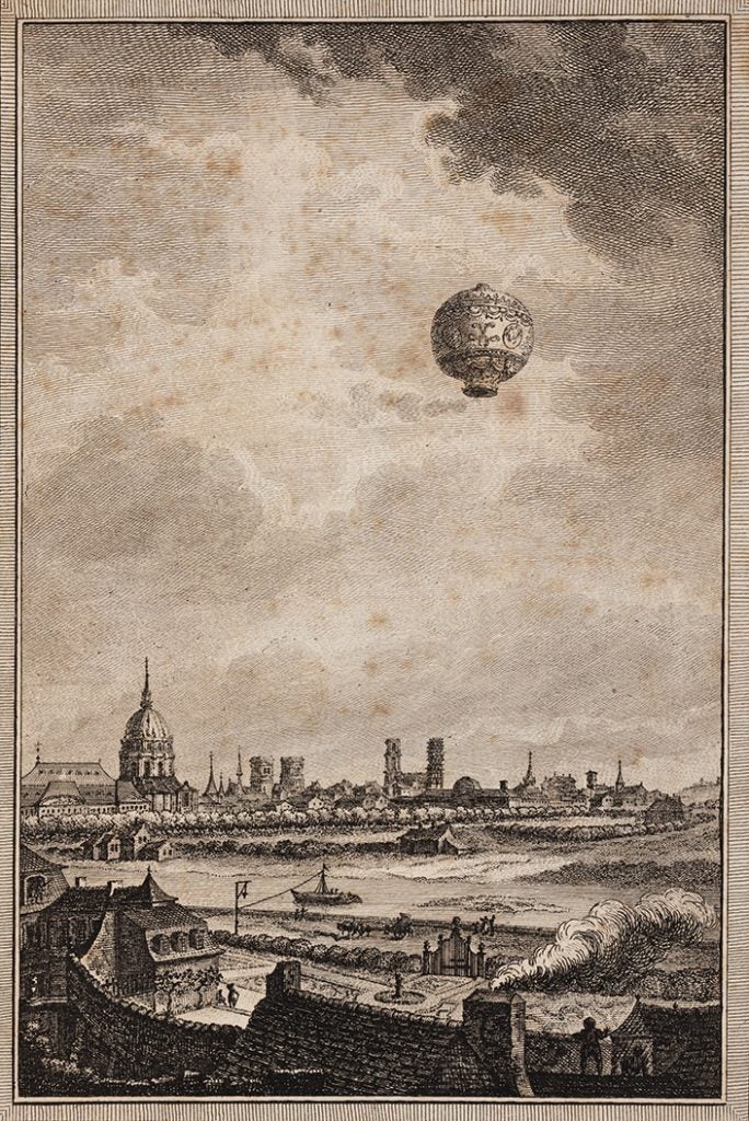 Illustration of the first flights by humans, November 21, 1783, as de Rozier and d’Alandres soar over Paris. Faujas-de-St.-Fond, Barthélemy. Description des expériences de la machine aérostatique de MM. de Montgolfier. Vol. 2. Paris: Cuchet, 1783.
View Source.
