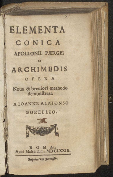 Title page, Elementa conica Apollonii Pærgei, ed. by Giovanni Alfonso Borelli, 1679 (Linda Hall Library)