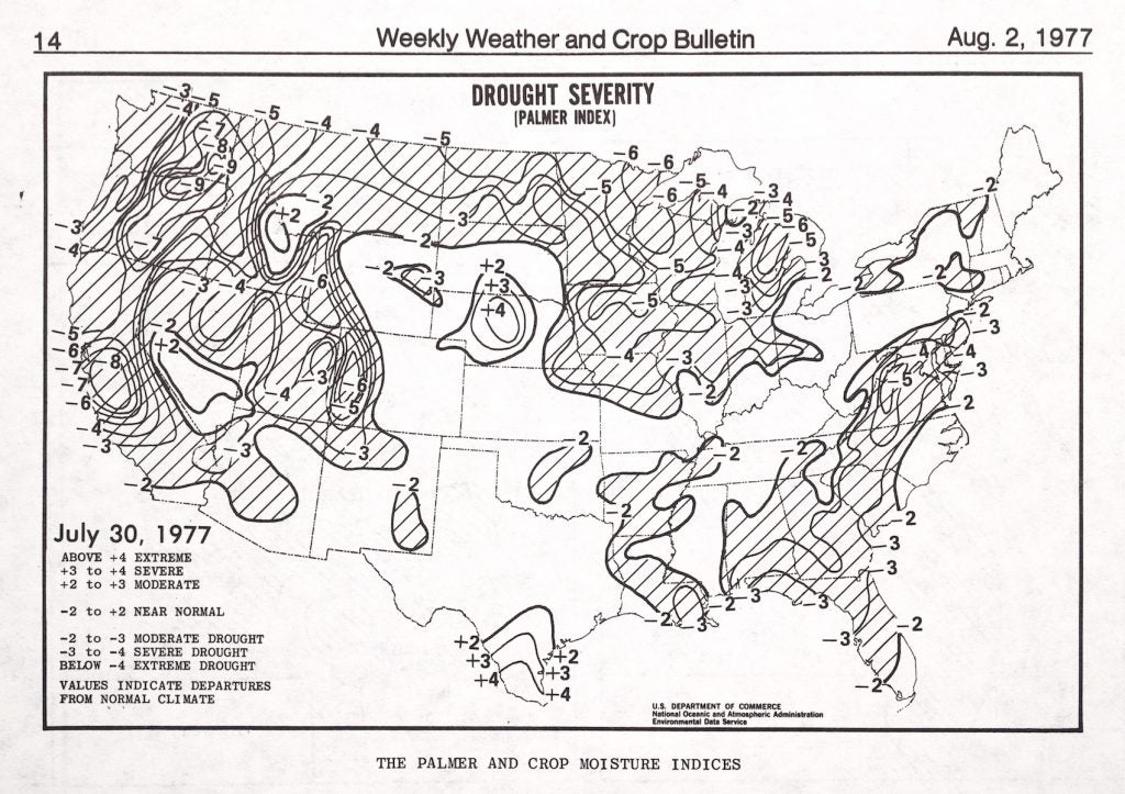 Image source: The Palmer Drought Severity Index map during the drought of 1977. “The Palmer and Crop Moisture Indices.” Weekly Weather and Crop Bulletin, vol. 62, no. 31, 1977, p. 14. 
