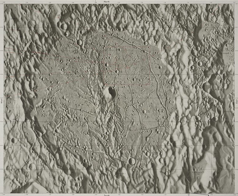 RLC 14 is the second of the Alphonsus sequence; it is filled by the crater, and corresponds more or less to the exhibited photograph from Ranger IX (see item 40). The impact point is indicated on the upper right floor of the crater; the small box indicates the area covered by the next chart, RLC 15. Other lines indicate the trajectory of Ranger IX and the tracks of the six camera axes. 