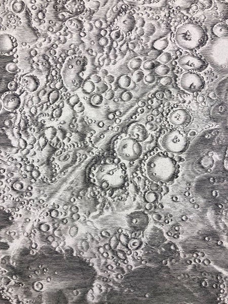 Lunar highlands, with a ray terminating at the crater Tycho, "Carte de la lune de Jean Dominique Cassini," drawn by Jean Patigny, 1787 imprint of 1679 engraving, with South at the top (Linda Hall Library)