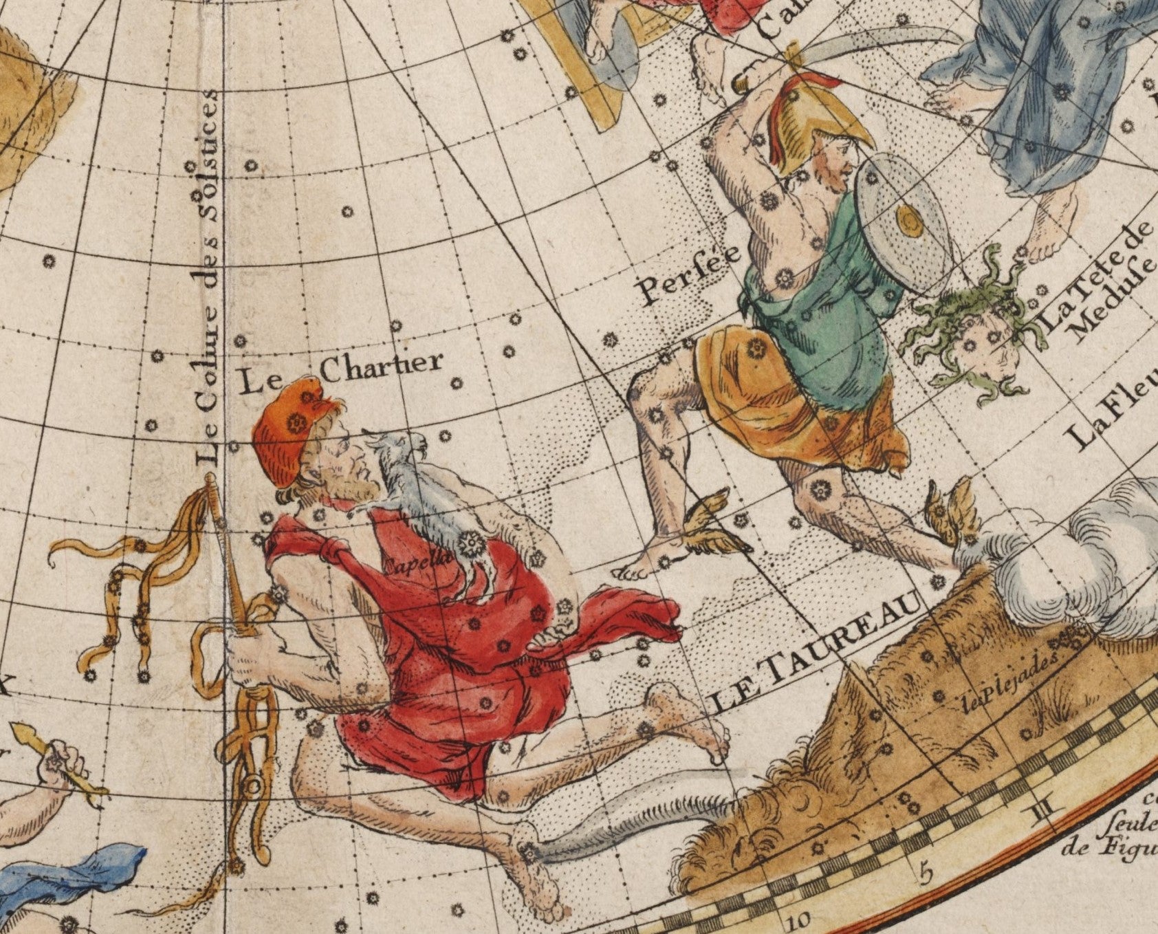 Auriga (Le Chartier) and Perseus. Image source: La Hire, Philippe. Planisphere celeste septentrional. A Paris: Chez N. de Fer ... 1705.