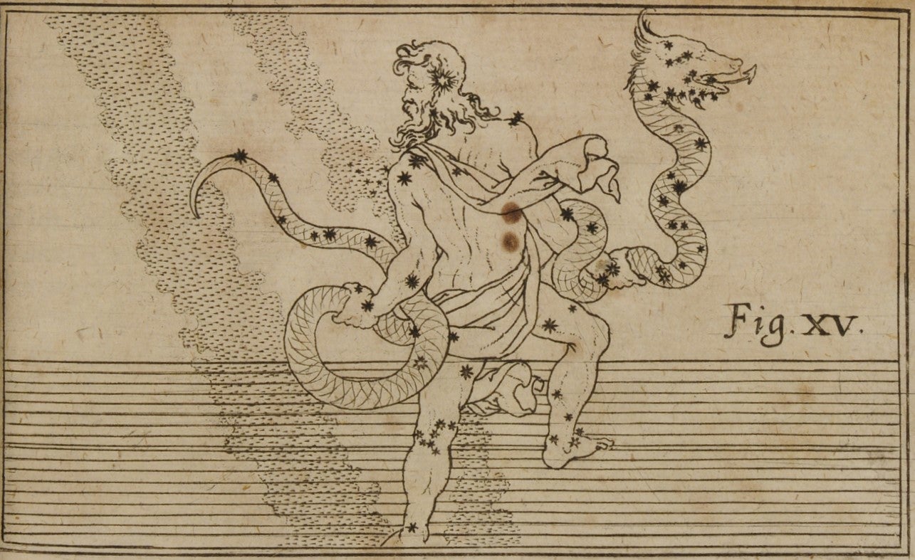 Ophiuchus. Image source: Strauch, Aegidius. Astrognosia: synoptice et methodice in usum academiarum adornata. Wittenberg: Sumptibus autoris / Literis Jobi Wilhelmifincelil, 1659, pl. 15.
