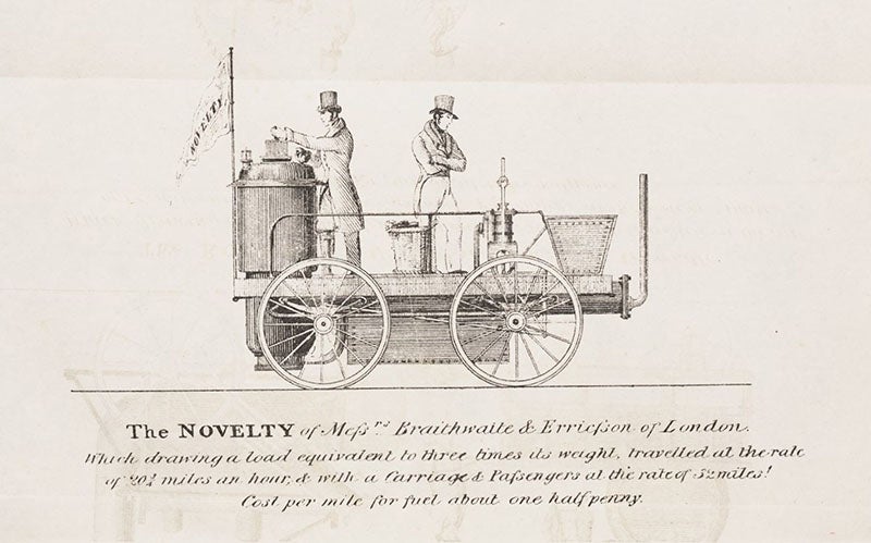 Novelty, with John Braithwaite and John Eicsson aboard (we don’t know which is which), detail of center panel of lithograph in Mechanics' Magazine, Register, Journal, and Gazette, vol. 12, p. 236, Nov. 28, 1829 (mounted following p. 114 in our copy) (Linda Hall Library)