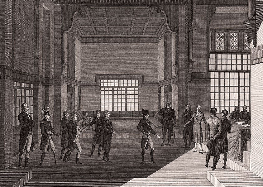 The first meeting of the Institute of Egypt, in the former house of Hasân Kâchef in Cairo, from Description de l’Égypte État moderne v. 1.