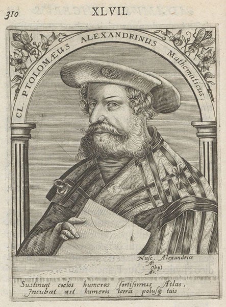 Portrait of Claudius Ptolemy of Alexandria, engraving by Theodor de Bry, in Icones quinquaginta virorum illustrium, by Jean Jacques Boissard, vol. 2, p. 310, no. 47, 1597-99 (Linda Hall Library)