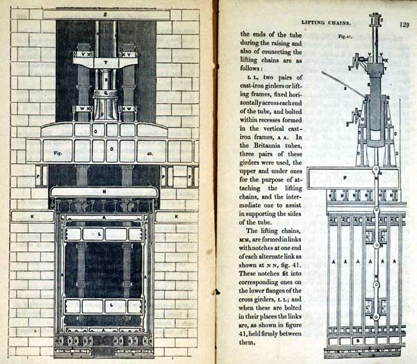 Hydraulic press and wrought iron chains for lifting the tubes. Image source: Dempsey, George Drysdale. Tubular and Other Iron Girder Bridges, Particularly Describing the Britannia and Conway Tubular Bridges. London, John Weale, 1850, pp. 128-129.