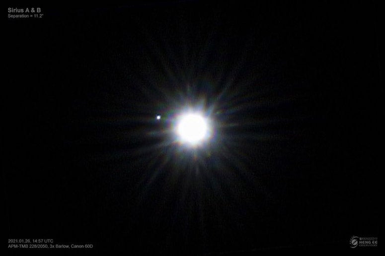 The bright star Sirius, with tiny Sirius B, the white dwarf companion star first observed by Alvan Graham Clark, 1862, photo by Michael Teoh at Heng Ee Observatory, Penang, Malaysia, 2021 (earthsky.org)