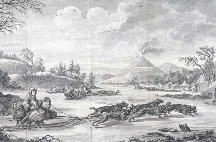 Lesseps on a dog sled. Image source: Lesseps, Jean Bapiste Barthélemy baron de. Journal historique du voyage de M. de Lesseps ... employé dans l’expédition de M. le comte de La Pérouse. Vol. 1, Paris: De l’Imprimerie Royale, 1790, pl. [2].