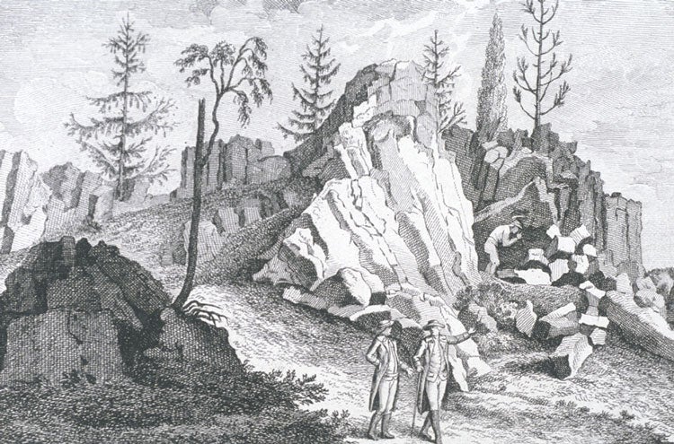 Basalt columns. Image source: LLeske, Nathanael Gottfried. Reise durch Sachsen in rüksicht der naturgeschichte und ökonomie unternommen und beschrieben. Leipzig: in der J.G. Müllerschen Buchhandlung, 1785, pl. 26.