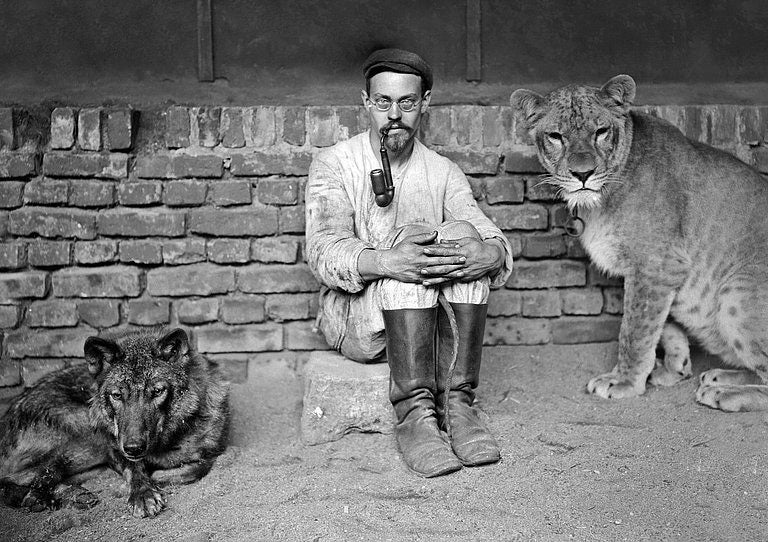 Portrait of Josef Pallenberg with two of the animals in his personal zoo, Schloss Benrath, Düsseldorf (schloss-benrath.de)