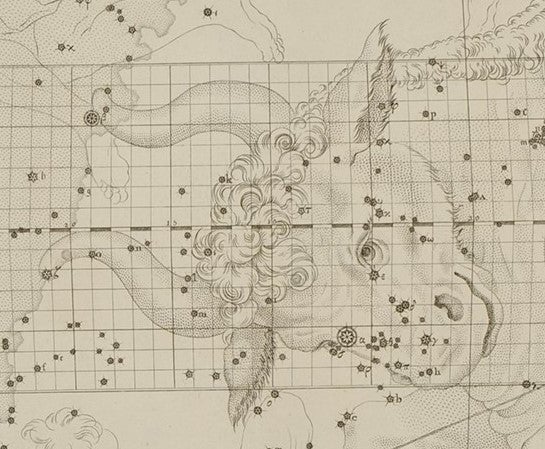 Taurus. Image source: Bevis, John. Uranographia Britannica. London, 1750.
