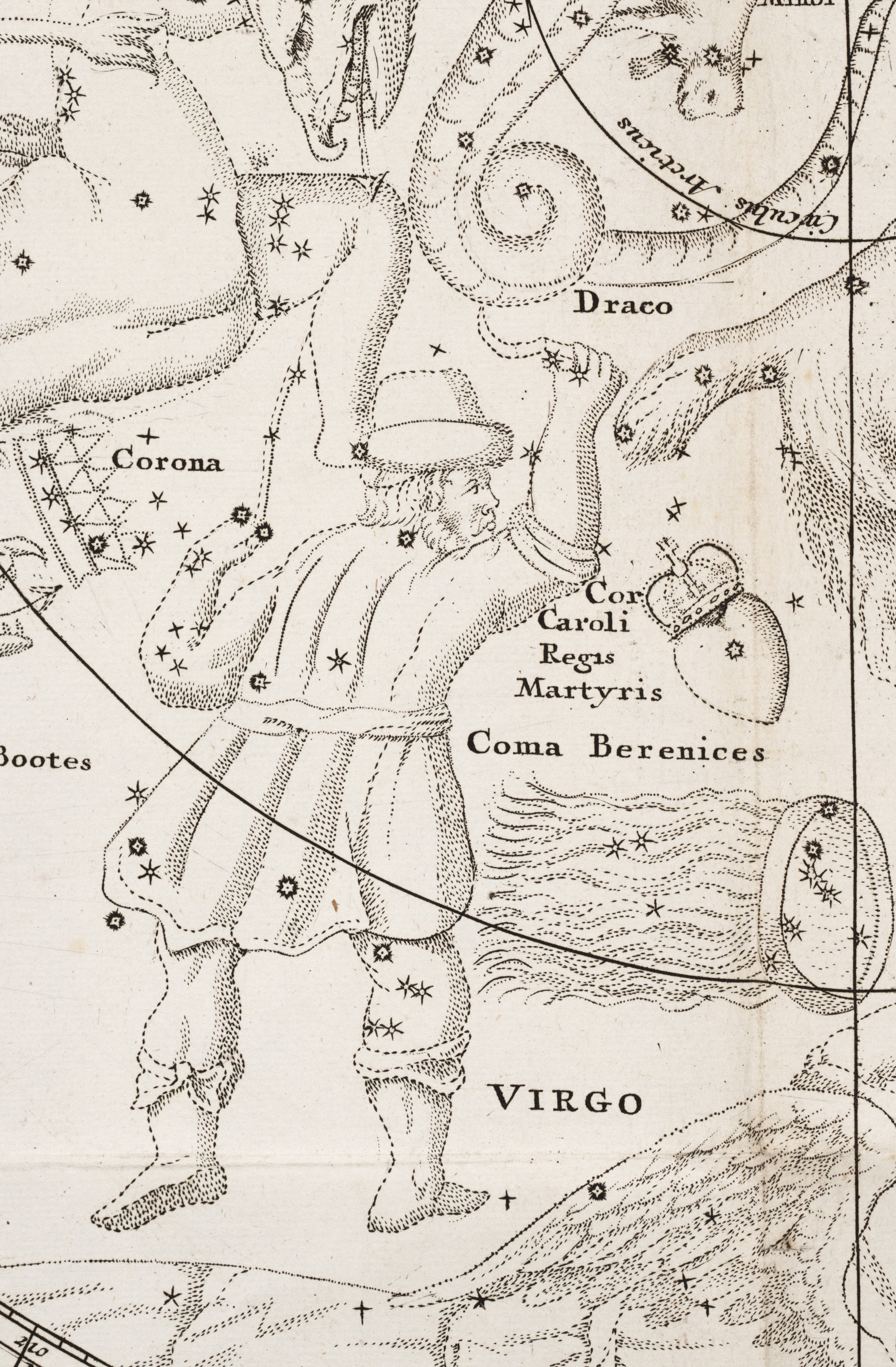 Detail of northern planisphere, showing Bootes, Cor Caroli, and coma. Image source: Manilius, Marcus, and Edward Sherburne. The Sphere of Marcus Manilius... By Edward Sherburne. London, 1675, pl. 1. 