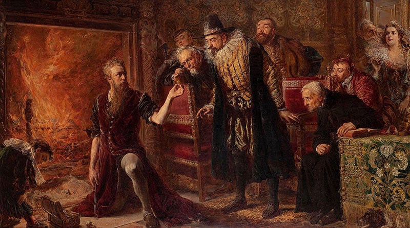 Sendivogius Demonstrating for King Sigisimund III of Poland, oil on panel, by Jan Maejko, 1867, Museum of Art in Łódź (Wikimedia commons)