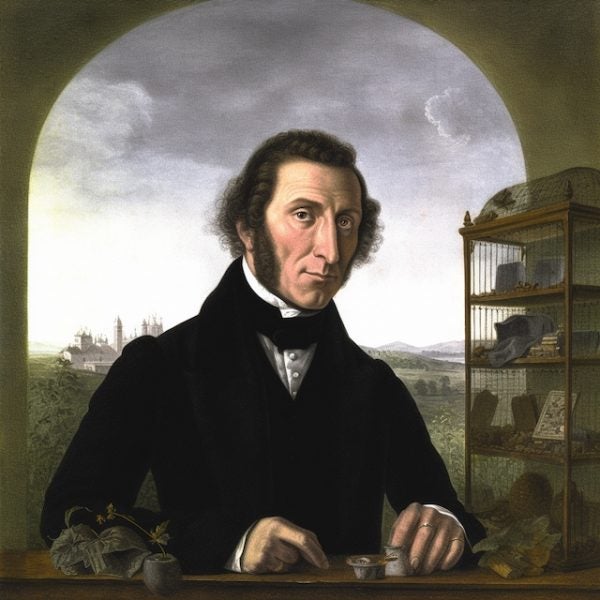 AI-generated portrait of Agostino Bassi, using Midjourney software, Virginia Postrel in The Wall Street Journal, Sep. 21, 2023 (vpostrel.com)