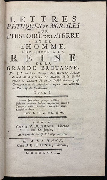Title page, Lettres physiques et morales sur l'histoire de la terre et de l'homme: Adressées à la Reine de la Grande Bretagne, by Jean-André Deluc, in 5 volumes, vol. 1, 1779 (Linda Hall Library)
