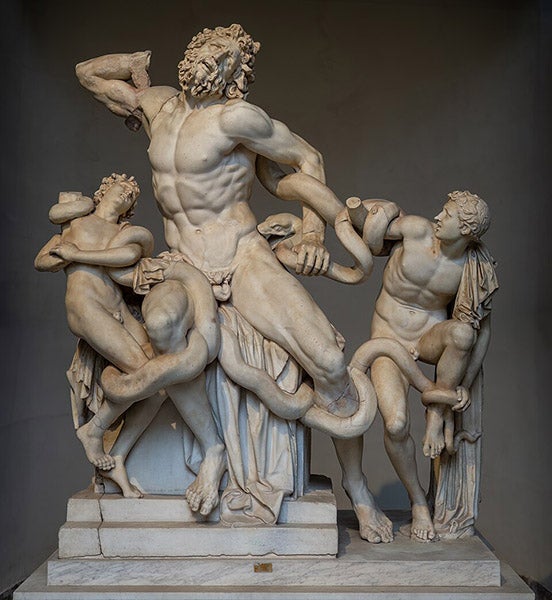 Laocoön and his Sons, marble sculpture, 1st c. BC, unearthed in Rome, 1506, acquired by Julius II for the Cortile del Belvedere, then under construction, now in Pio-Clementino Museum, Rome, part of the Vatican Museums (Wikimedia commons)