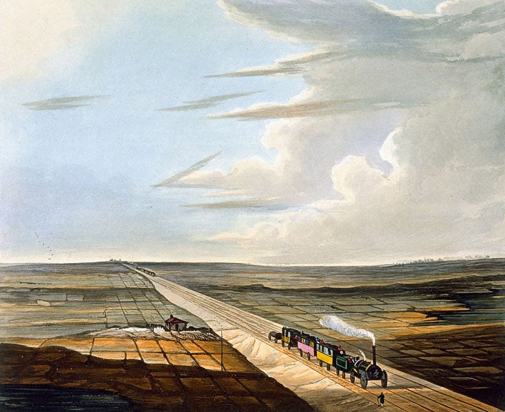 The crossing of Chat Moss, a peat bog, by the Liverpool and Manchester Railway, aquatint in Coloured Views on the Liverpool and Manchester Railway, by Thomas Talbot Bury, plate 5, 1831 edition (Wikimedia commons)