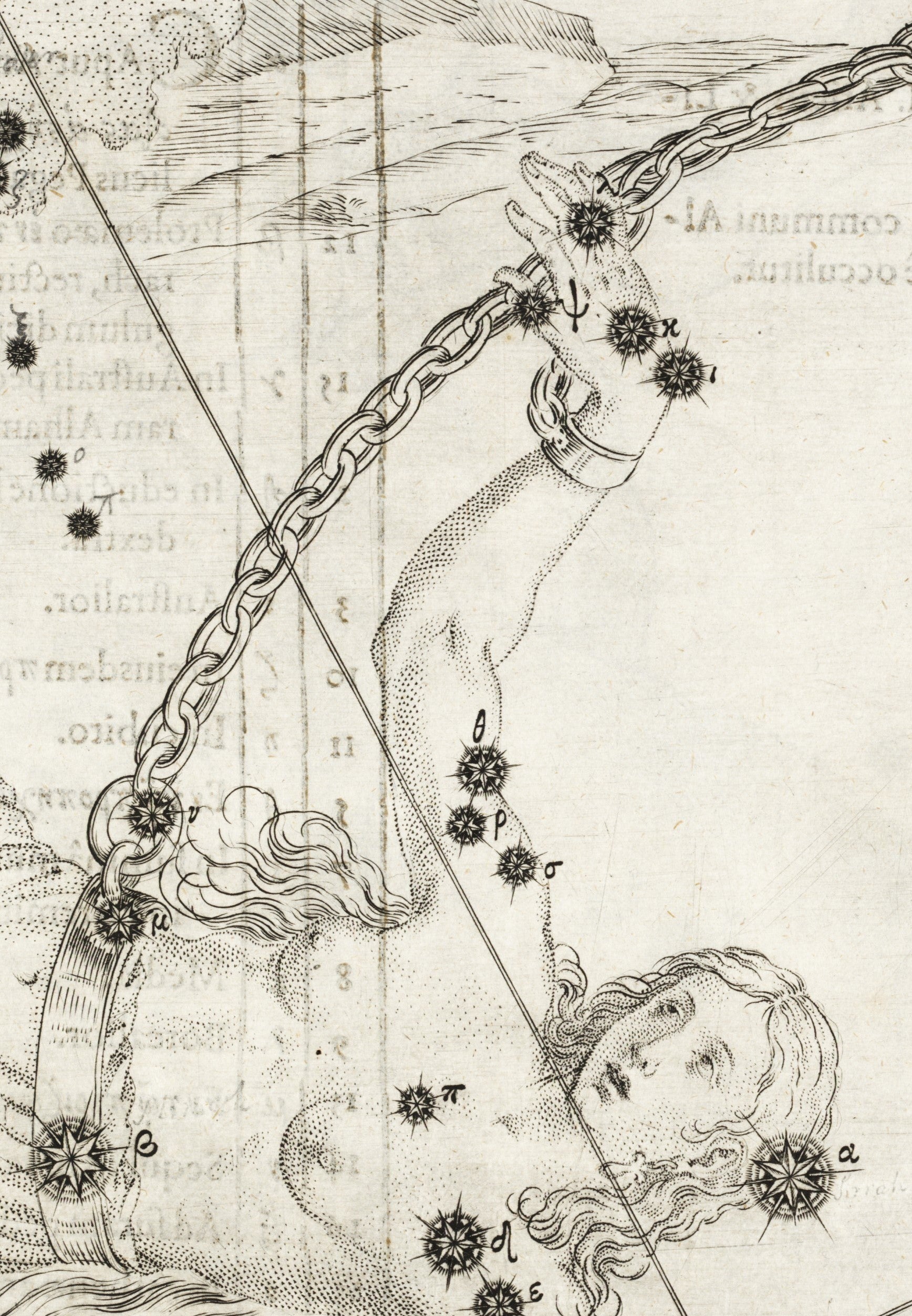 Detail of Andromeda, with the text of the stellar tables printed on the reverse side. Image source: Bayer, Johannes. Uranometria. Augsburg: Excudit Christophorus Mangus, 1603.