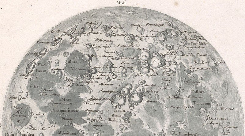 Southern hemisphere of the Moon (south is up), detail of Réduction de la grande carte de la lune de J. Dom. Cassini, broadside engraving, by Jean-Dominique, comte de Cassini, 1788 (Linda Hall Library)