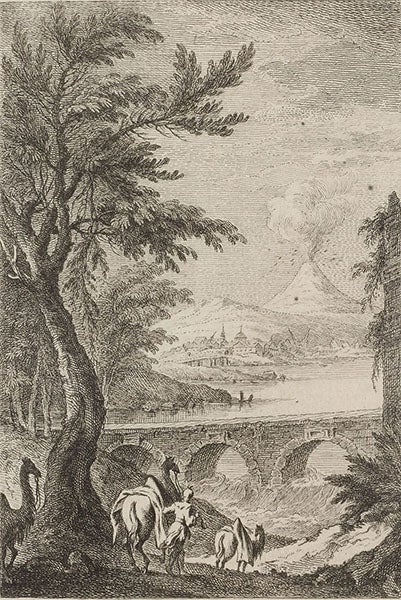Frontispiece to volume 2 (cropped), Physisk Beskrifning öfver Jord-Klotet, by Torbern Bergman, showing a volcano erupting, perhaps Mt. Hekla in Iceland, 1774 (Linda Hall Library)