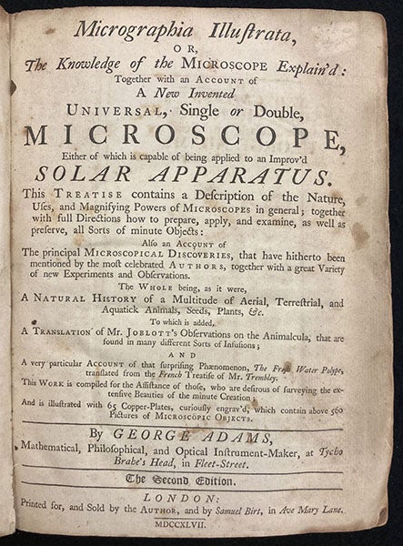 Title page, Micrographia illustrata; or, The Knowledge of the Microscope Explain'd, by George Adams, 1747, gift of Ruth Patrick, with bookplate of Frank Patrick (The Linda Hall)