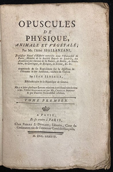 Title page, Opuscules de physique, animale et végétale, by Lazzaro Spallanzani, 1787, gift of Ruth Patrick, with bookplate of Frank Patrick (The Linda Hall)