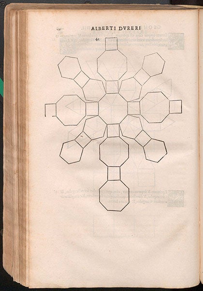 Net for truncated cuboctahedron, an Archimedean solid, Quatuor his suaru[m] Institutionum geometricarum libris (Four Books on Measurement), by Albrecht Dürer, p. 156, 1534 (Linda Hall Library)