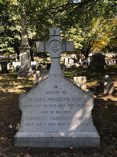 Gravestone of George Phillips Bond, died Feb. 17, 1865, Mount Auburn Cemetery, Cambridge, Mass. (findagave.com)
