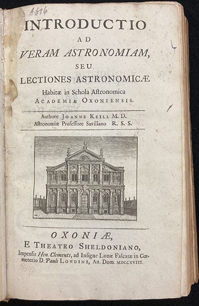 Title page, Introductio ad veram astronomiam, by John Keill, 1718 (The Linda Hall)