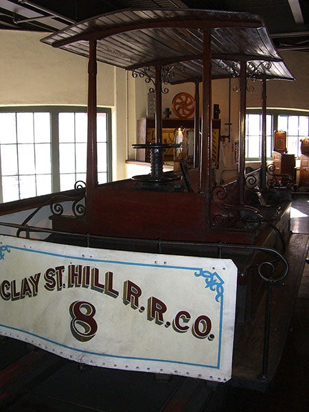 Grip car no. 8 of the Clay St. Hill R.R., preserved in the San  Francisco Cable Car Museum, Nob Hill; recent photograph (Wikimedia commons)