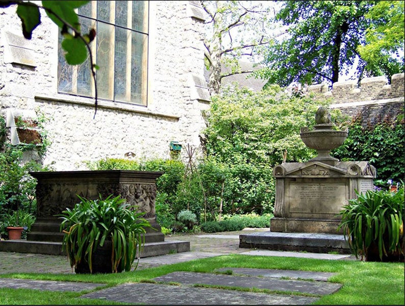 The tombs of John Tradescant, Elder and Younger (left) and Capt. William Bligh (right), The Garden Museum, old church of St. Mary’s at Lambeth, photo by Tere Sue Gidlof, Flickr (flickr.com)