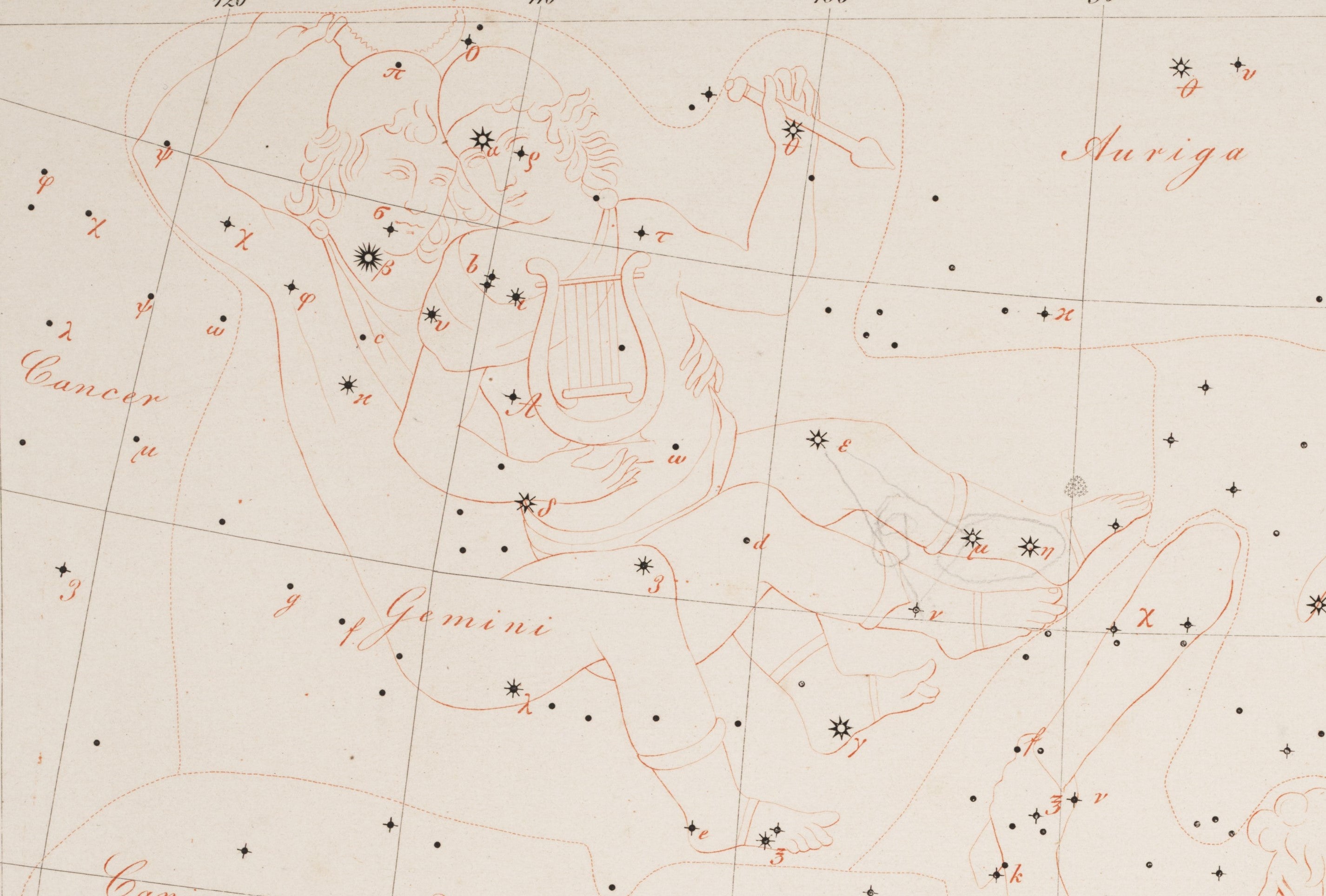 Gemini. Image source: Argelander, Friedrich. Neue Uranometrie. Berlin: Simon Schropp u. comp., 1843, pl. 8.