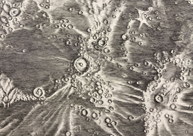 The crater Copernicus in Oceanus Procellarum (Ocean of Storms), just left of center, with crater Kepler at right, detail of "Carte de la lune de Jean Dominique Cassini," drawn by Jean Patigny, 1787 imprint of 1679 engraving, with South at the top (Linda Hall Library)