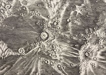 The crater Copernicus in Oceanus Procellarum (Ocean of Storms), just left of center, with crater Kepler at right, detail of "Carte de la lune de Jean Dominique Cassini," drawn by Jean Patigny, 1787 imprint of 1679 engraving, with South at the top (Linda Hall Library)